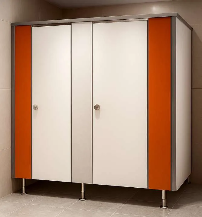 Cabinas sanitarias de compacto fenólico blanco y naranja
