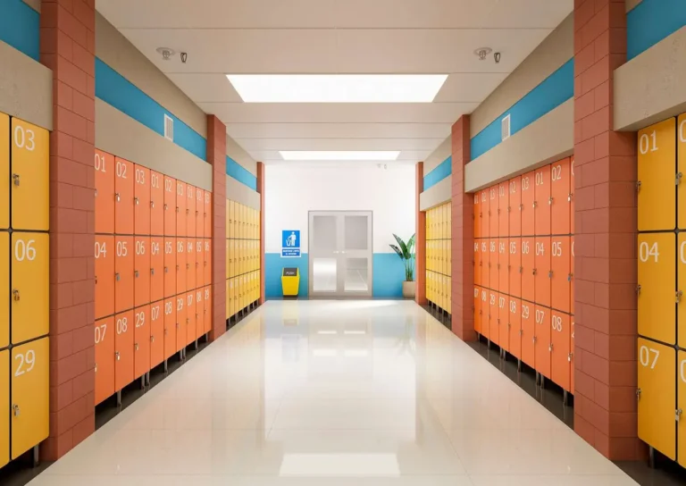 Pasillo de centro educativo con taquillas naranjas y amarillas