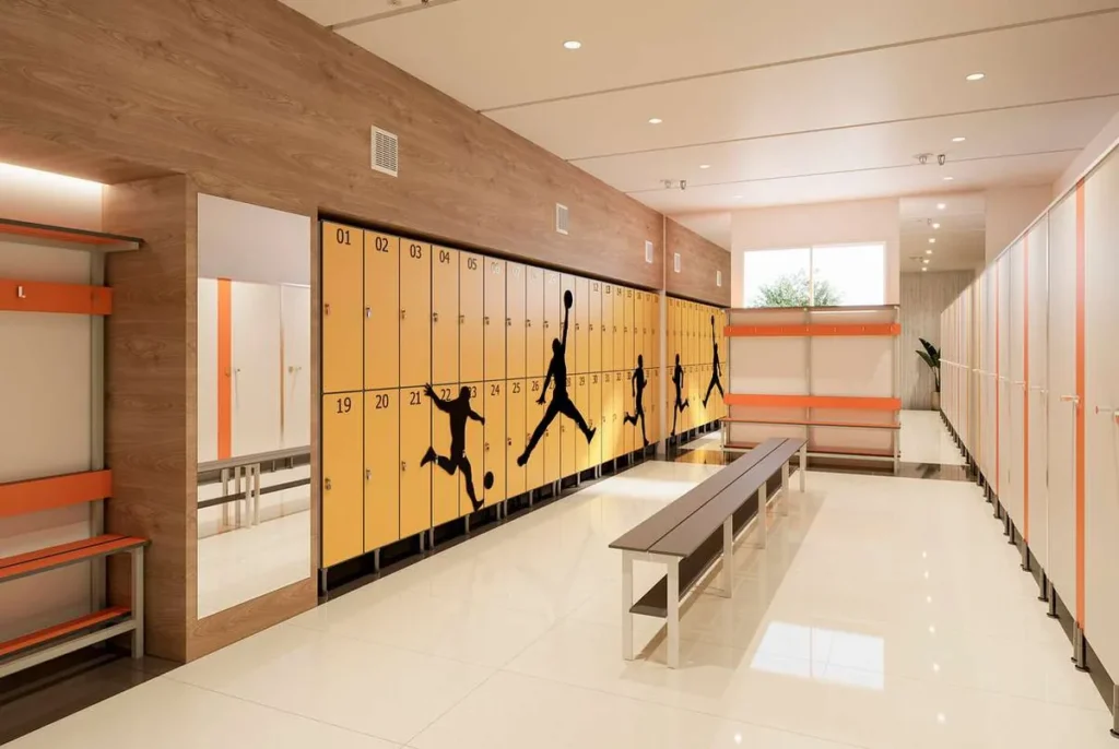Vestuario deportivo con taquillas naranjas personalizadas y banco con perchero